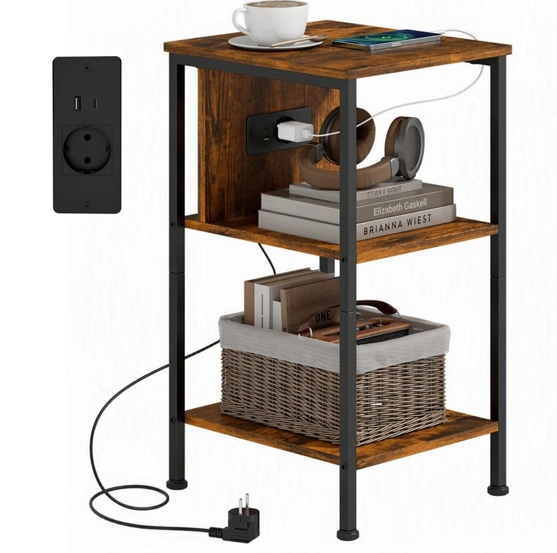 Tavolino laterale ULEVR 34x30x58 cm con presa, USB e Type-C, 2 ripiani aperti, marrone rustico