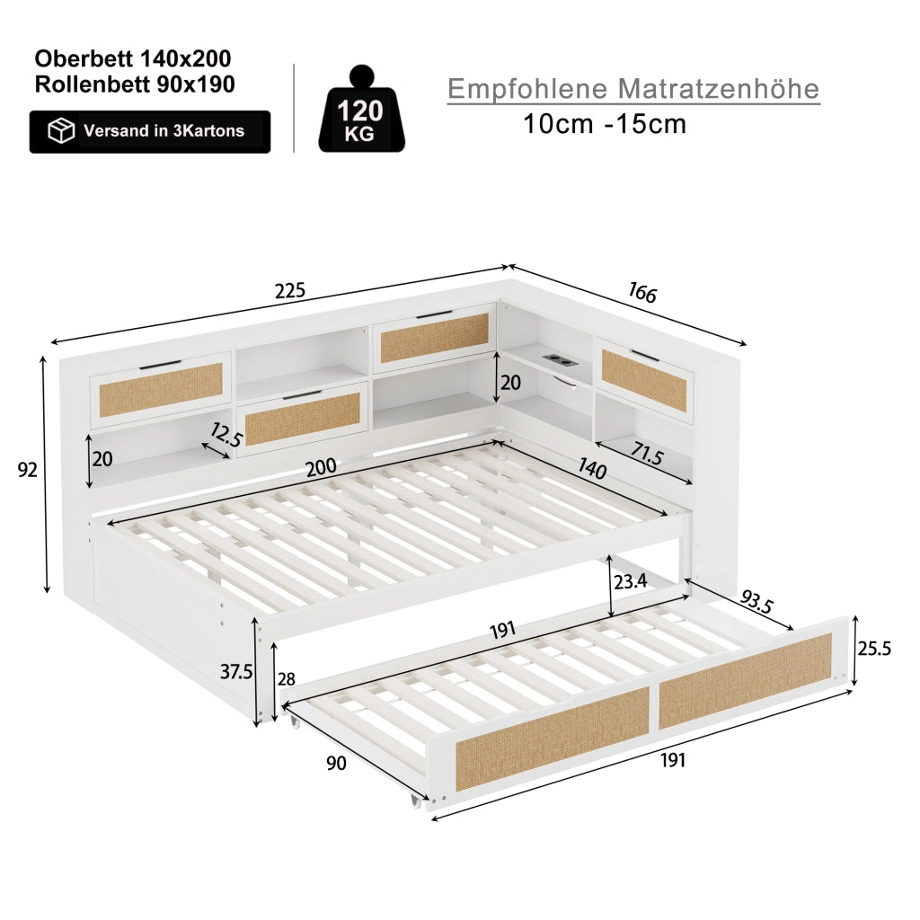 Letto Estraibile 140x200 cm; Letto Singolo - USB; Presa; Contenitore in Legno Bianco