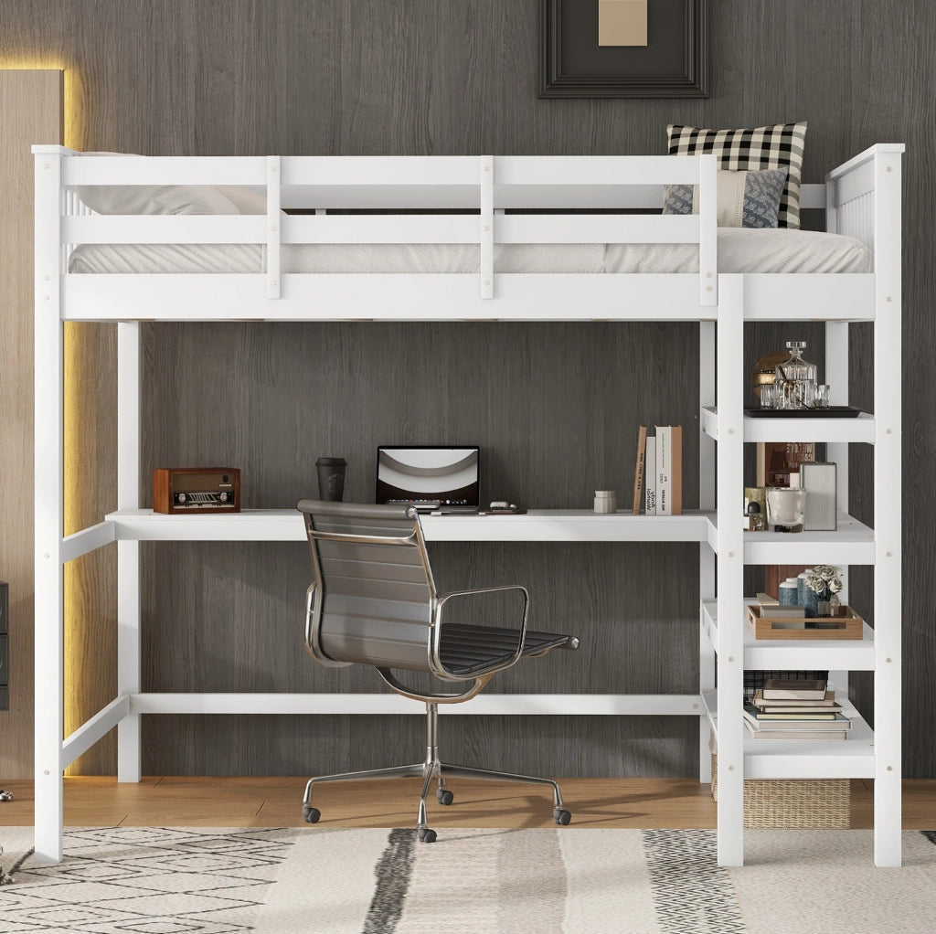 Letto a soppalco 140x200 cm con scrivania e scaffali; in pino e MDF