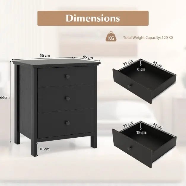 3-Drawer Nightstand for Living Room and Bedroom-Black