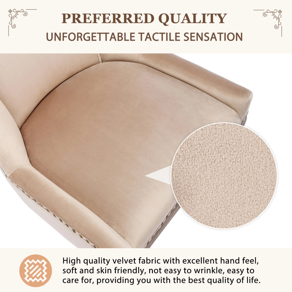 Sedia da pranzo imbottita, schienale curvo e borchie, gambe in legno, in velluto beige