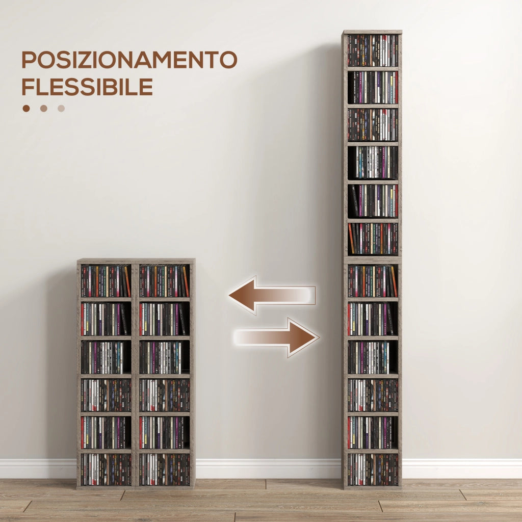 Set di 2 Scaffali Porta CD con Mensole Regolabili per 204 CD. 21x22.5x88.5 cm. Grigio