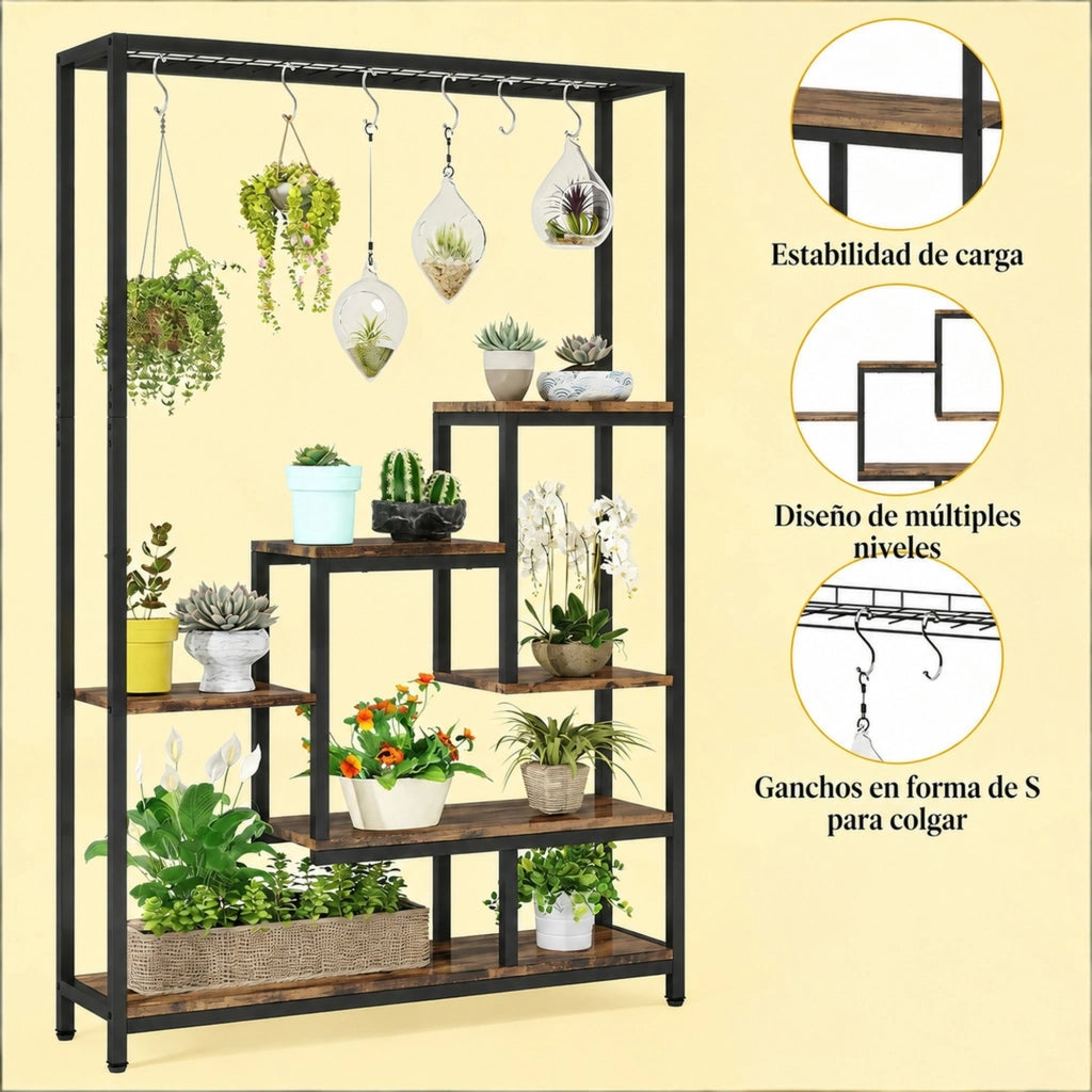 Scaffale per piante 100x30x180 cm metallo e legno nero marrone， 5 livelli， per interni