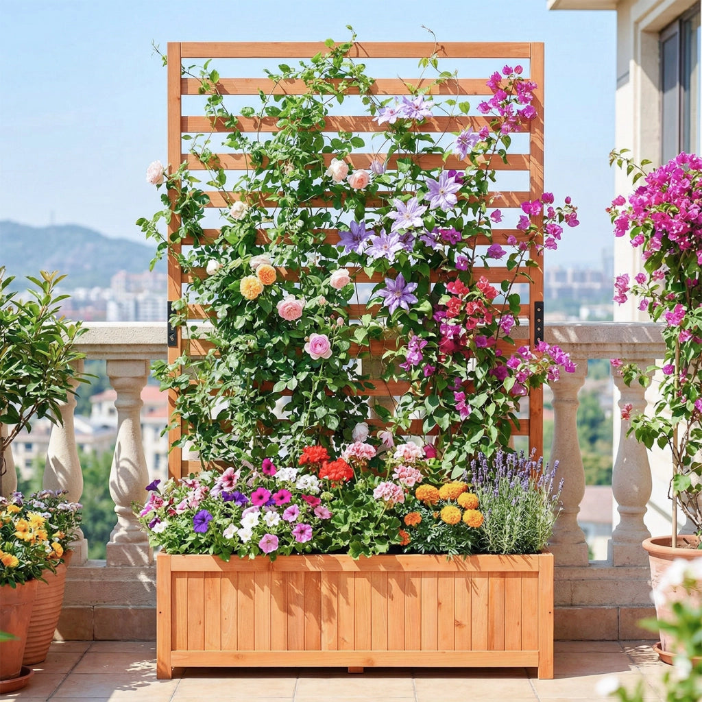 Letto da giardino rialzato in legno con traliccio verticale fodera e drenaggio-Fioriera elevata per interno esterno patio balcon Arancione