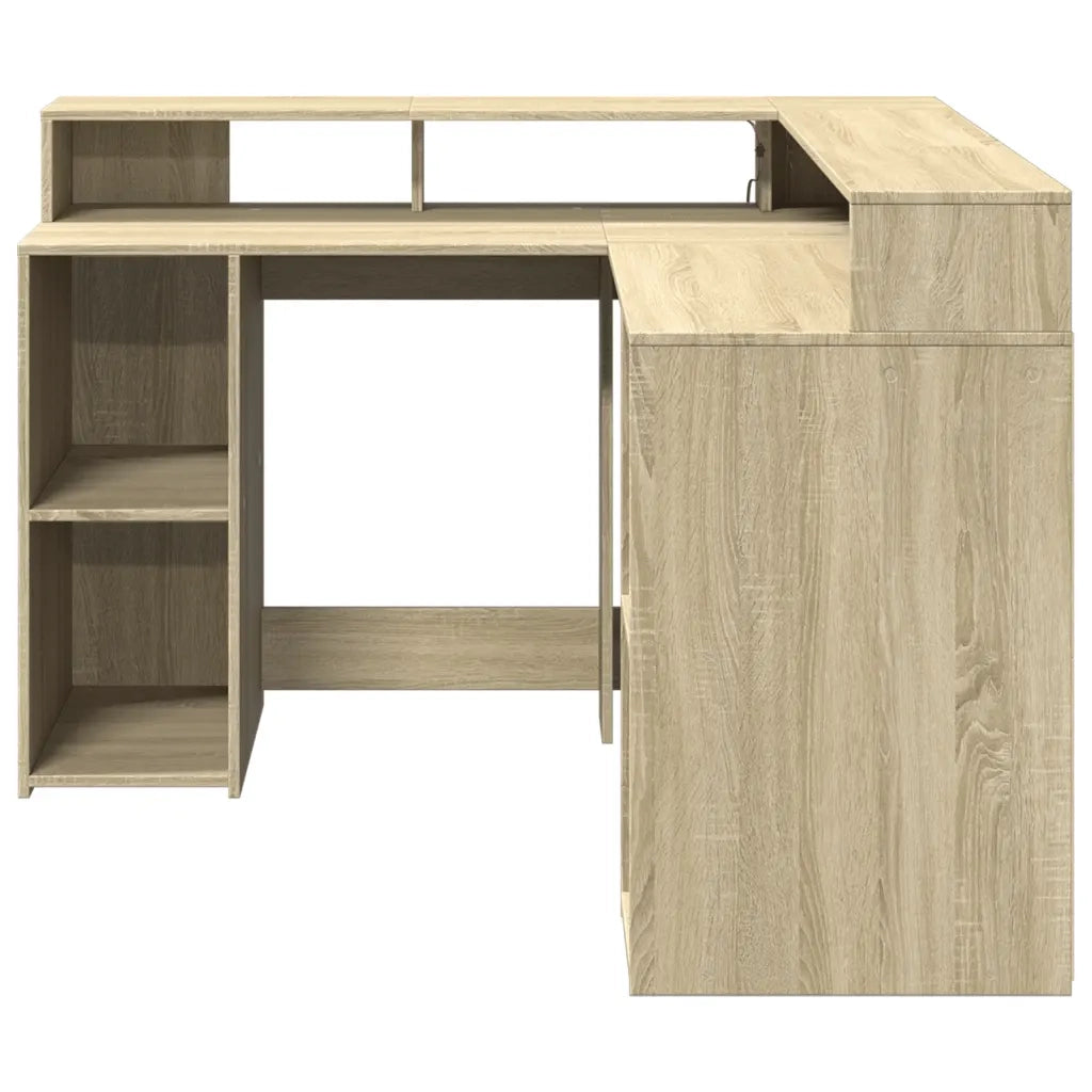 Scrivania | Tavolo da Ufficio con Luci LED Rovere Sonoma 130x130x91cm in Truciolato