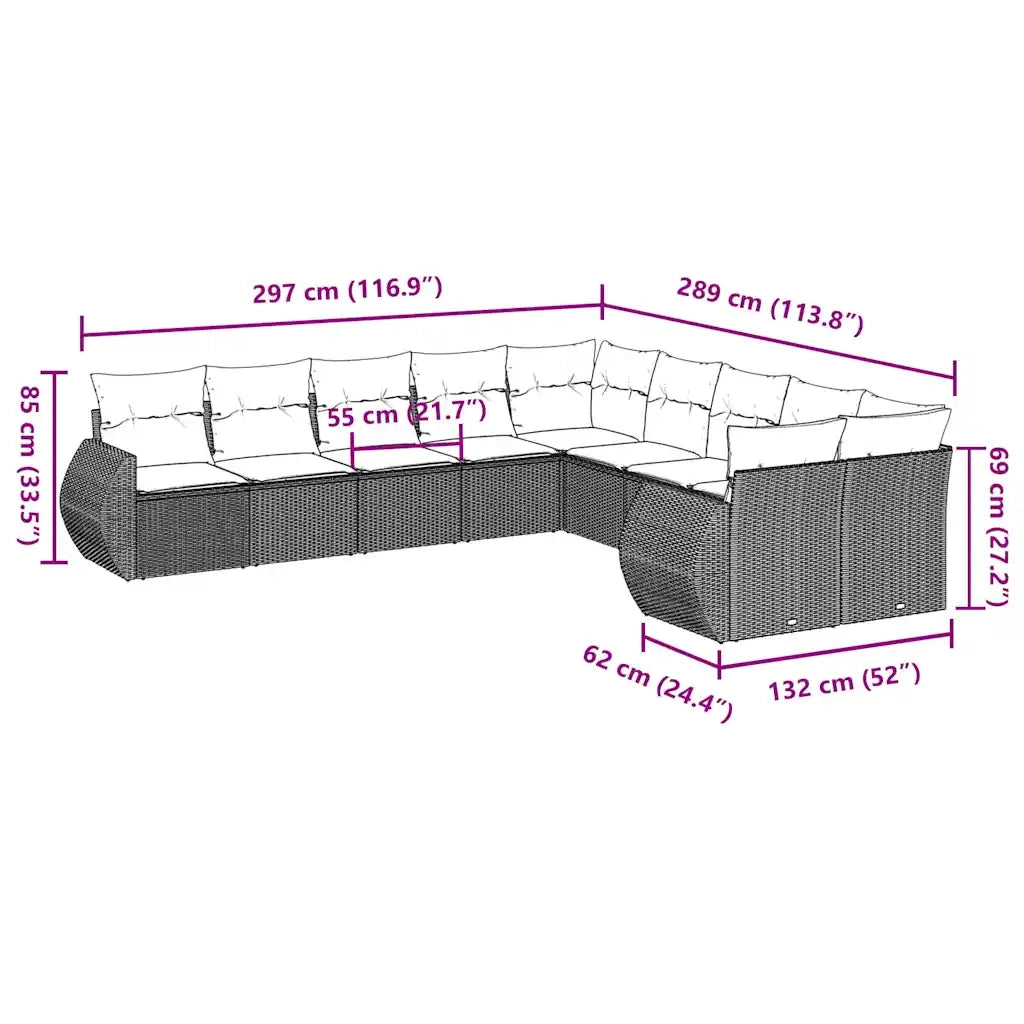 Set Divano Giardino 10 pz con Cuscini Grigio Chiaro Polyrattan