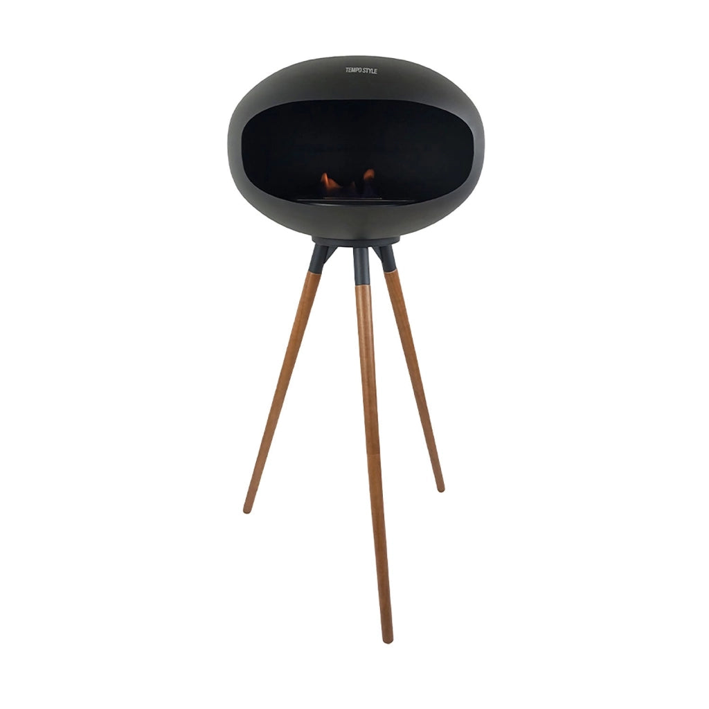 Camino a Bioetanolo da Pavimento Ø50x74 cm SICILY in Stile Nordico in Metallo Nero e Gambe in Legno Rovere