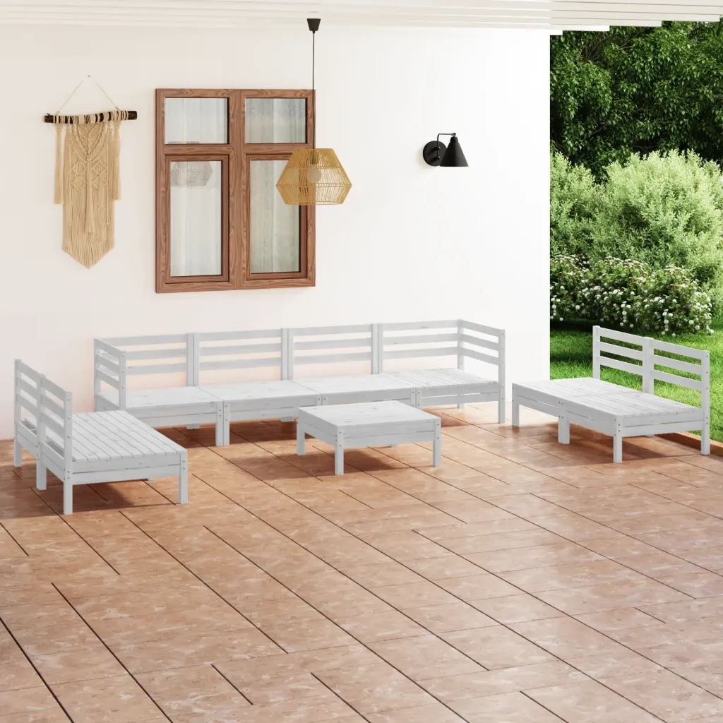 Set Divani da Giardino 9 pz Bianco in Legno Massello di Pino 3082578
