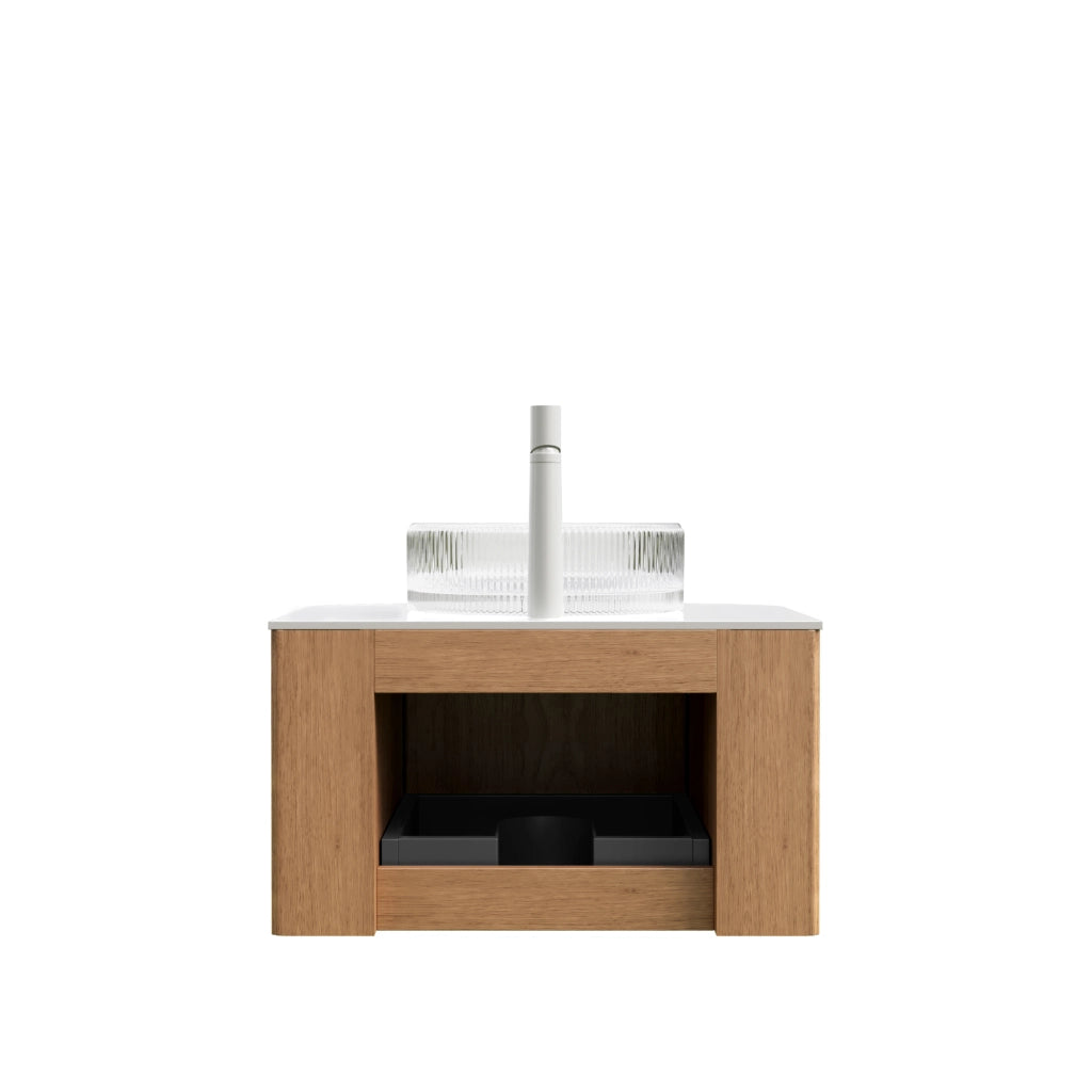 Mobile sottolavabo da bagno con lavabo rotondo in vetro, 1 cassetto e vani contenitore, in compensato, bianco, 61 × 48 × 48,6 cm