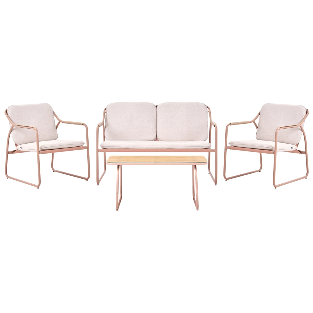 Set da giardino con divano a 4 posti, struttura in acciaio beige, cuscini in olefina e tavolino in vetro temperato: set da per esterni