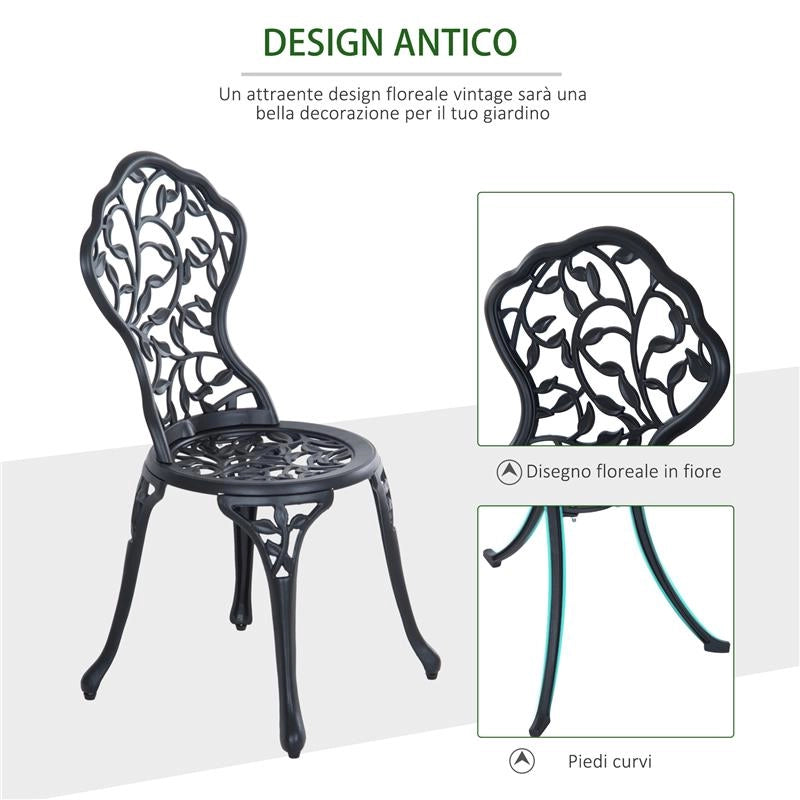 SET DA GIARDINO 3 PEZZI CON 2 SEDIE DA ESTERNO E TAVOLO ROTONDO IN ALLUMINIO, NERO