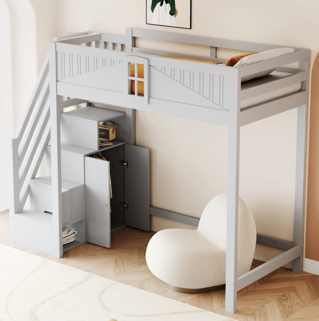 Letto a soppalco 90 x 200 cm in legno con scala reversibile e ripiano; grigio