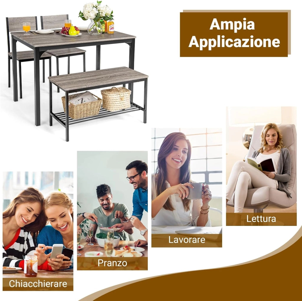 Set Tavolo e Sedie da Cucina 4 Pezzi, Tavolo da Pranzo con 2 Sedie e 1 Panca, Set Mobili da Cucina Salvaspazio con 4 Posti, per Sala da Pranzo e Soggiorno (Rovere grigio)