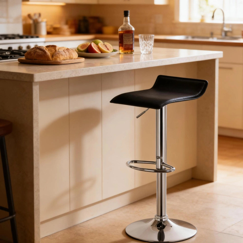 Sgabello da Bar Girevole con Seduta in Ecopelle Nera, Altezza Regolabile 62-84 cm