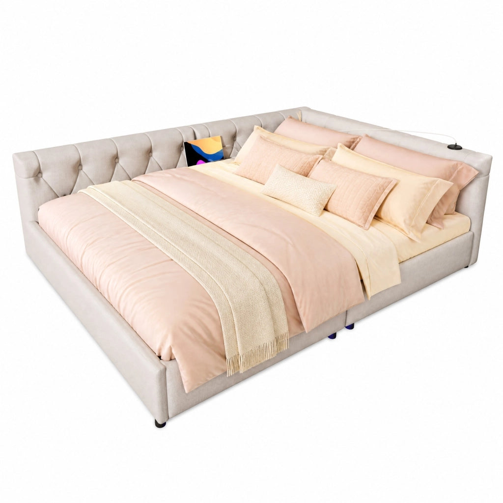 Divano letto 140x200 cm in lino beige con rete a doghe, LED RGB, USB e Type-C
