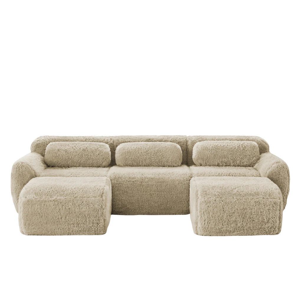 Divano modulare a U 291x179x73 cm in tessuto, beige chiaro, con cuscini, per soggiorni –