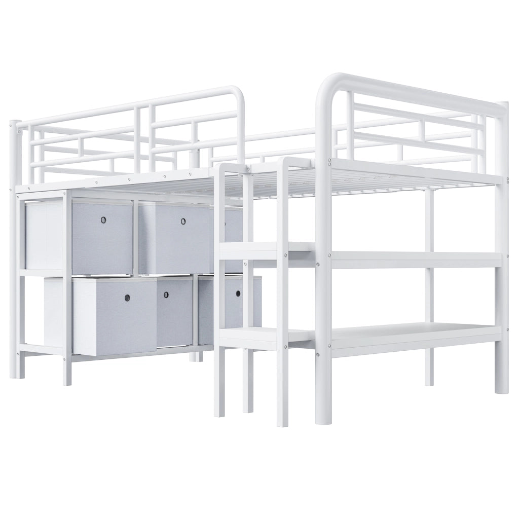 Letto a soppalco basso per bambini 90x200 cm con scale, MDF e metallo bianco