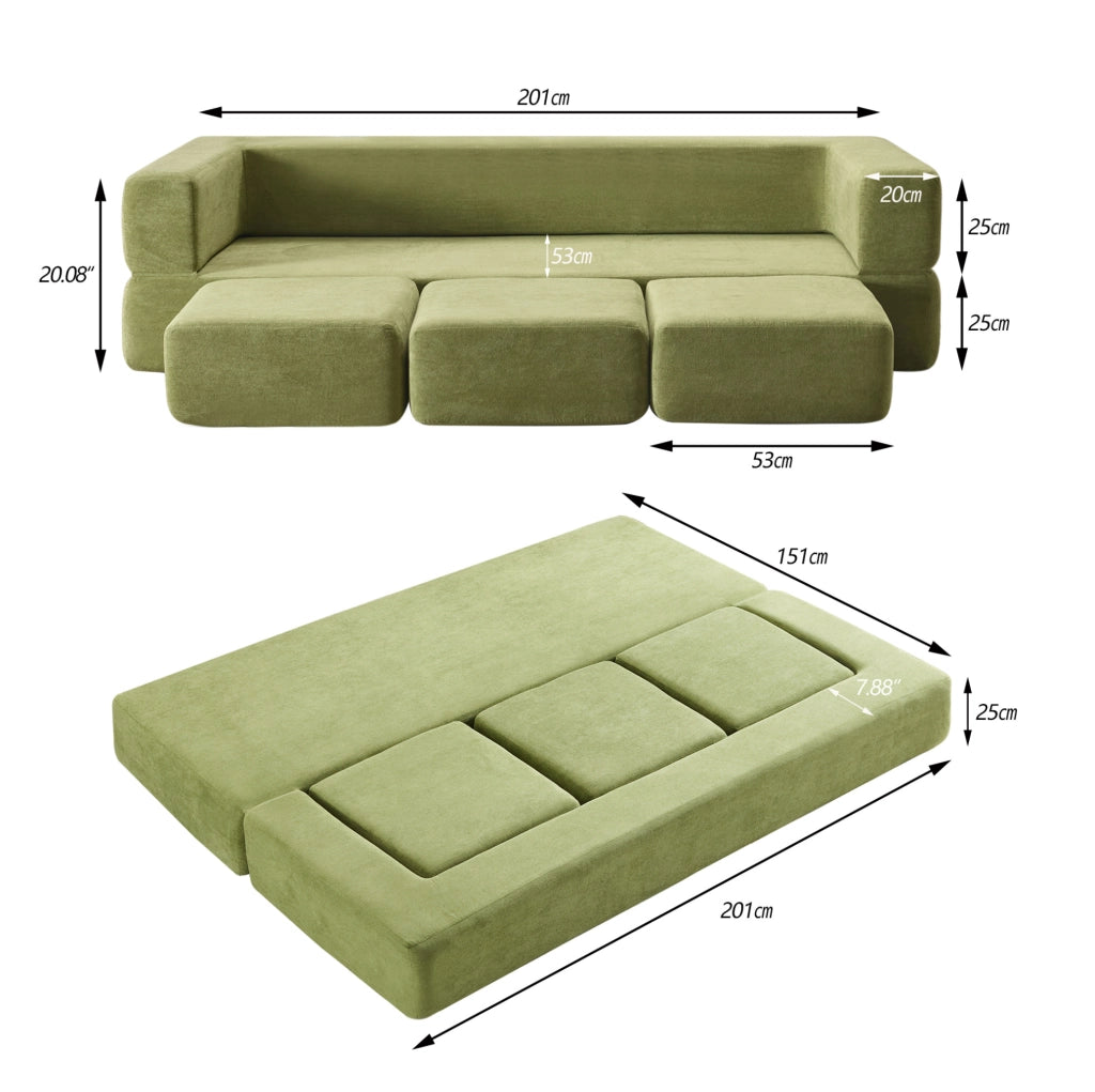 Divano letto da pavimento modulare in ciniglia verde HOMVRA