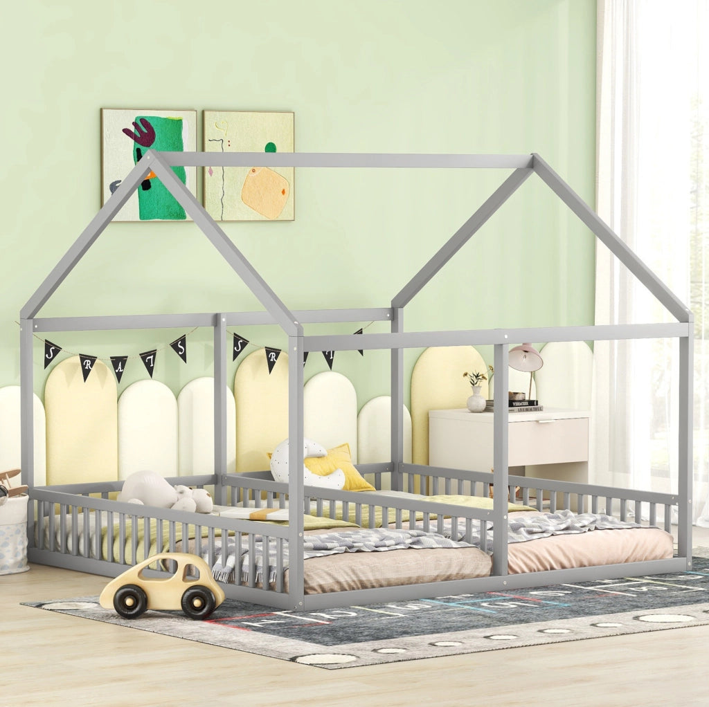 Letto singolo 90x200 cm modello casa 2-in-1 grigio in legno di pino e MDF