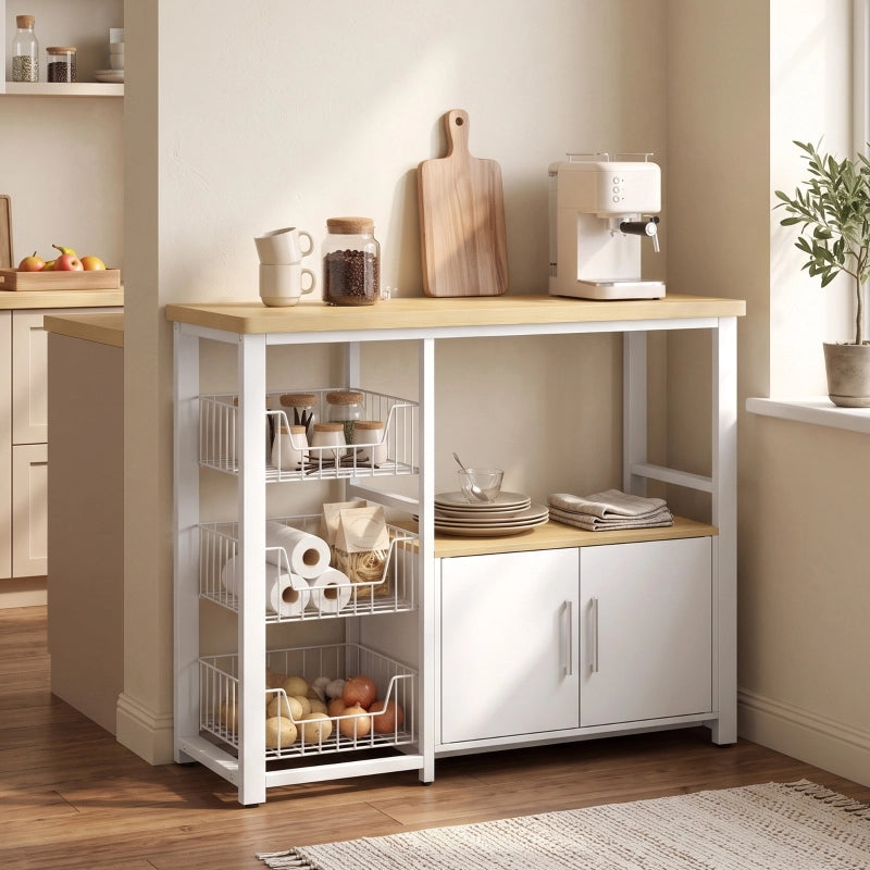 Scaffale da cucina con ripostiglio, 100x35x80 cm, bianco, con 3 cesti e armadio