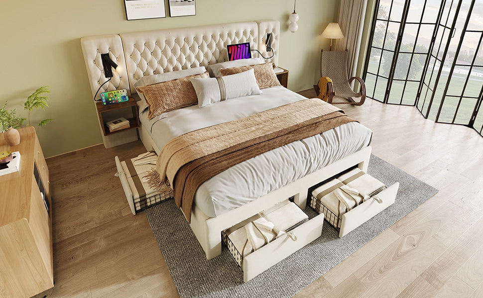 Letto matrimoniale imbottito 180x200 cm in velluto beige con 2 comodini, 4 cassetti e luci lettura