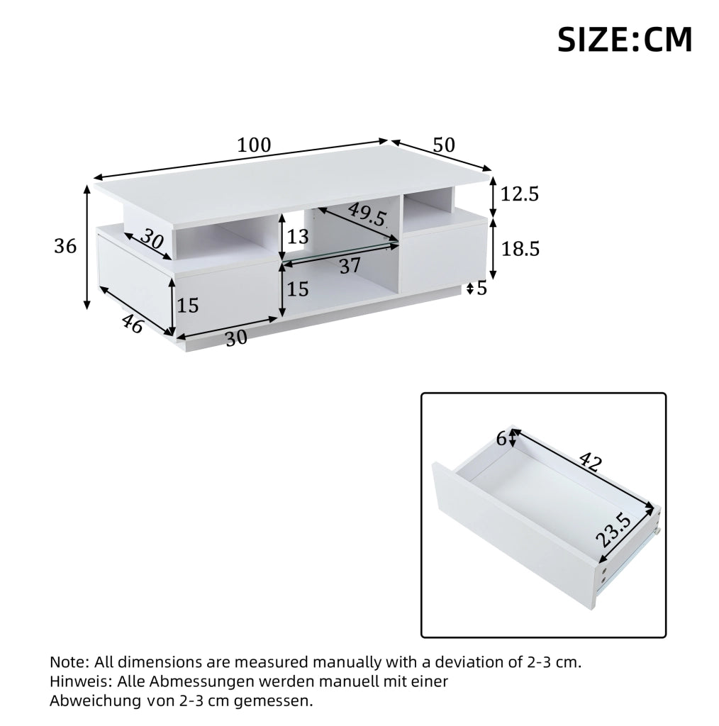 Tavolino da salotto 100 x 50 x 36 cm con 2 cassetti; LED; ripiani in vetro; bianco lucido