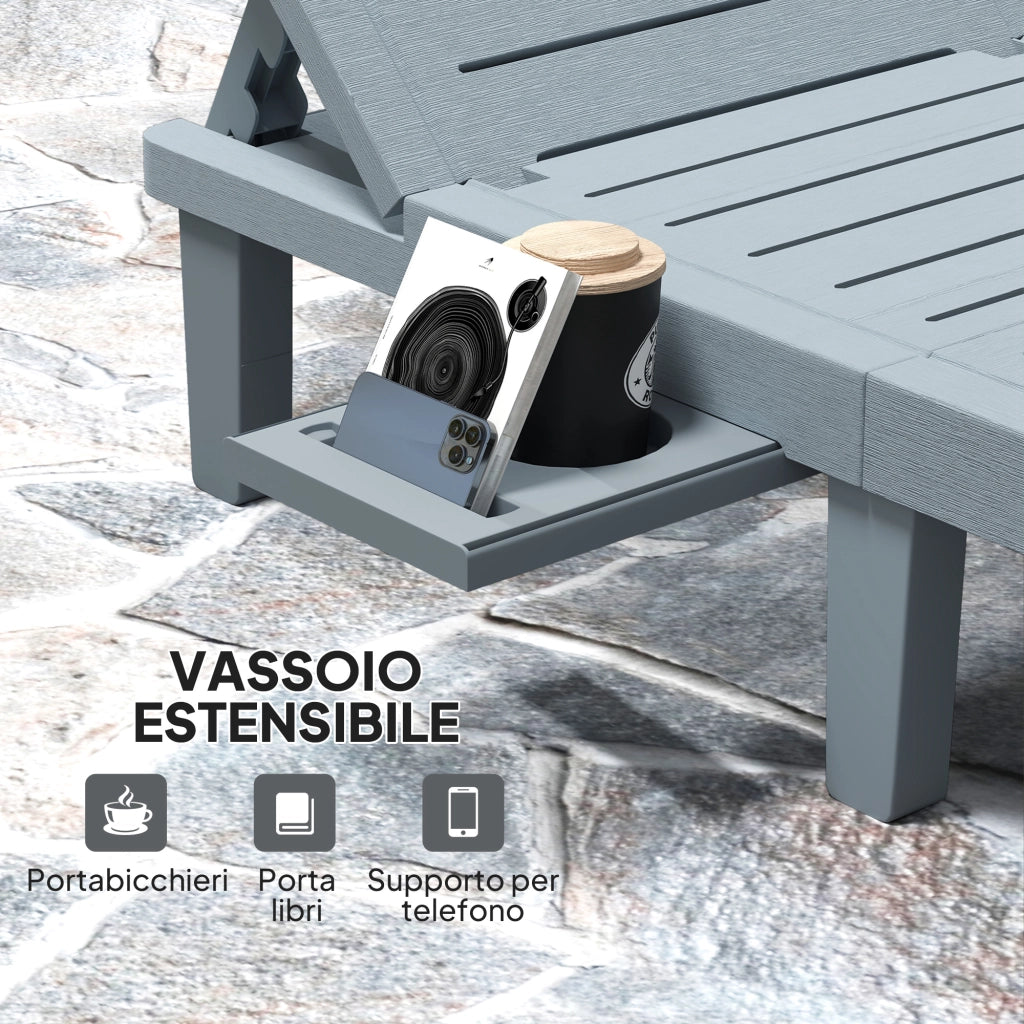 Set 2 Lettini Prendisole con Schienale Regolabile e Vassoi, in Polipropilene, 62x158x88 cm, Grigio Scuro
