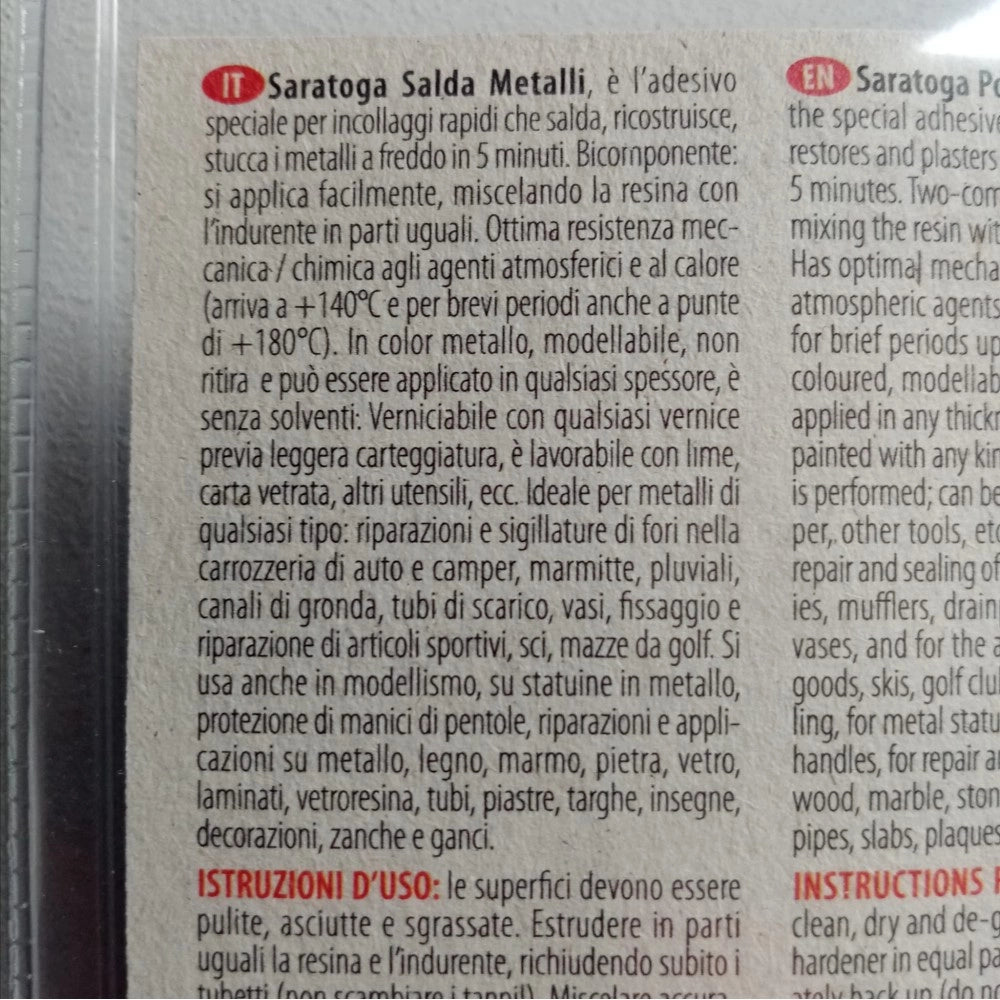 Saratoga salda metalli 34gr acciaio liquido rapido bicomponente per temperature massimo di 140°c