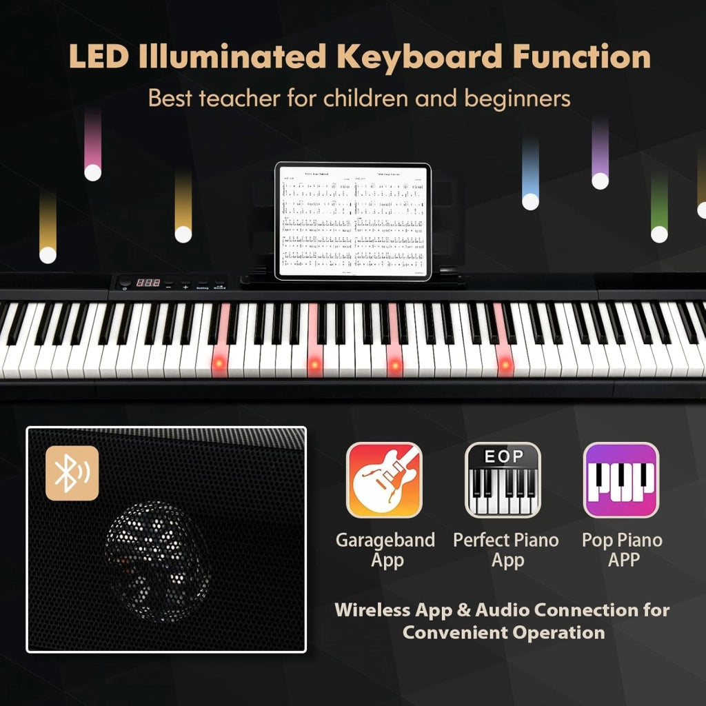 Pianoforte Digitale 88 Tasti, 1000 Suoni e Ritmi, 20 Canzoni Demo, Tastiera Semi-ponderata, Pianoforte Elettronico con Illuminazione a LED Tastiera, Borsa di Conservazione, USB/Bluetooth
