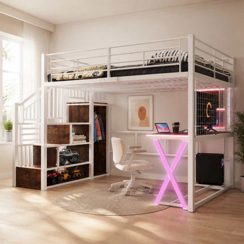DESMIU Letto a soppalco 2 posti con LED, scrivania, armadio e scaffali 140 × 200 cm, senza materasso, bianco