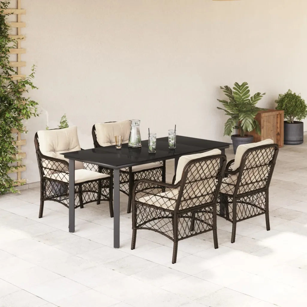 Set da Pranzo da Giardino 5pz con Cuscini in Polyrattan Marrone