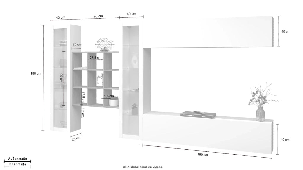 Parete attrezzata TV pensile bianco 2 vetrine libreria 9 ripiani Eron WH