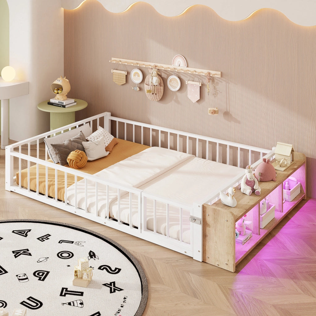 Letto basso per bambini 140x200 cm con barriera; vano aperto e LED; metallo e MDF; bianco