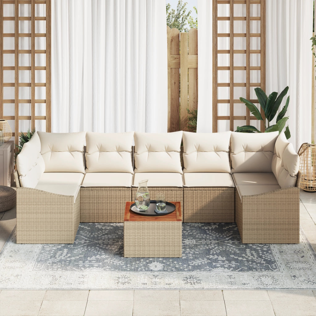 Set da Giardino da 8 Pezzi con Cuscini Beige Polyrattan Acacia