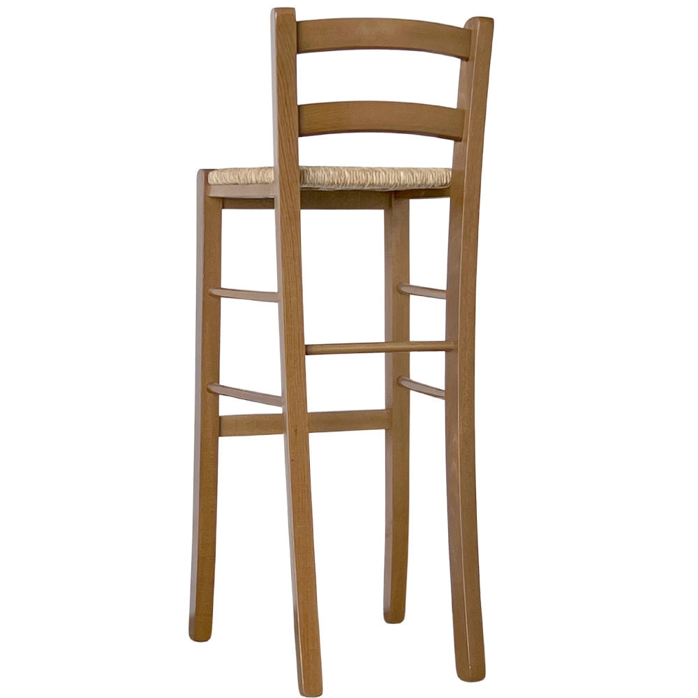 Sgabello in legno H 80 cm noce chiaro con schienale e seduta in paglia