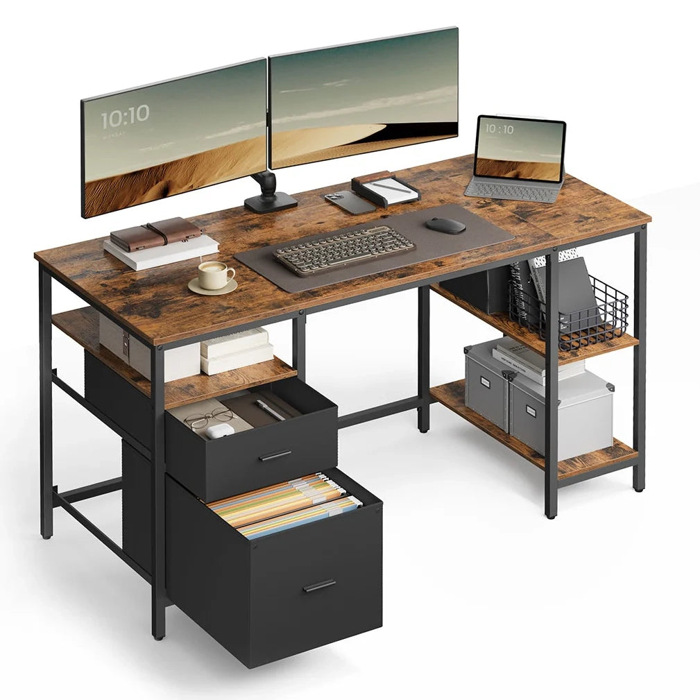 Scrivania per computer con spazio di archiviazione 3 ripiani 2 cassetti 60 x 140 x 76 cm per ufficio/soggiorno stile industriale marrone rustico e nero 12_0004569