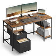 Scrivania per computer con spazio di archiviazione 3 ripiani 2 cassetti 60 x 140 x 76 cm per ufficio/soggiorno stile industriale marrone rustico e nero 12_0004569