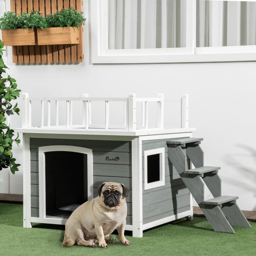 Casetta per Cani con Terrazza Scaletta e Finestra 121x77x78cm Grigio chiaro
