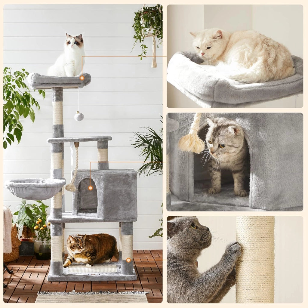 Feandrea Albero per Gatti Alto 138 cm, Tiragraffi per Gatti, con Base e 9 Pali Graffiatoi, 1 Piattaforma, 1 Grotta, 1 Amaca, 1 Pompon, 1 Corda, in Peluche a Più Livelli, Grigio Chiaro PCT60W