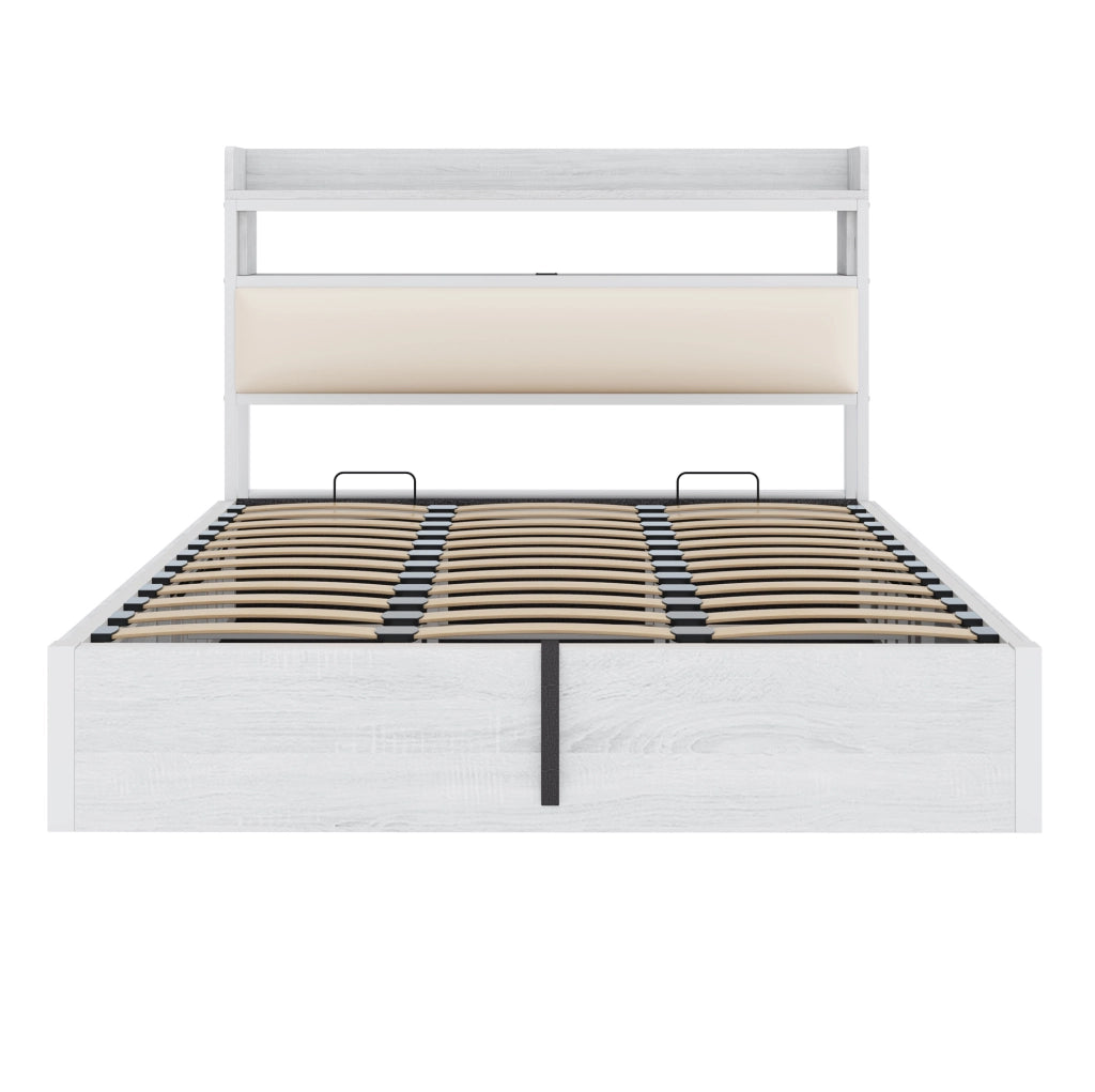 Letto 180x200 cm con contenitore idraulico in metallo; legno e tessuto bianco