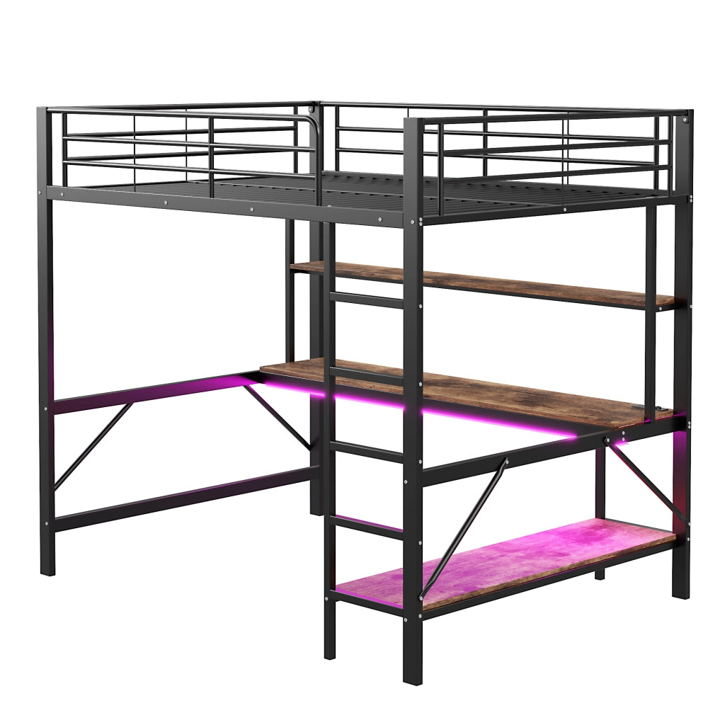 Letto a soppalco multifunzione; 140x200cm; presa USB; mensole da scrivania LED; nero
