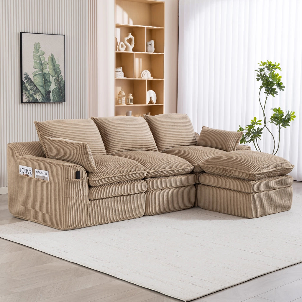 Divano modulare 3 posti con cuscini; tasche laterali e funzione componibile in corduroy khaki