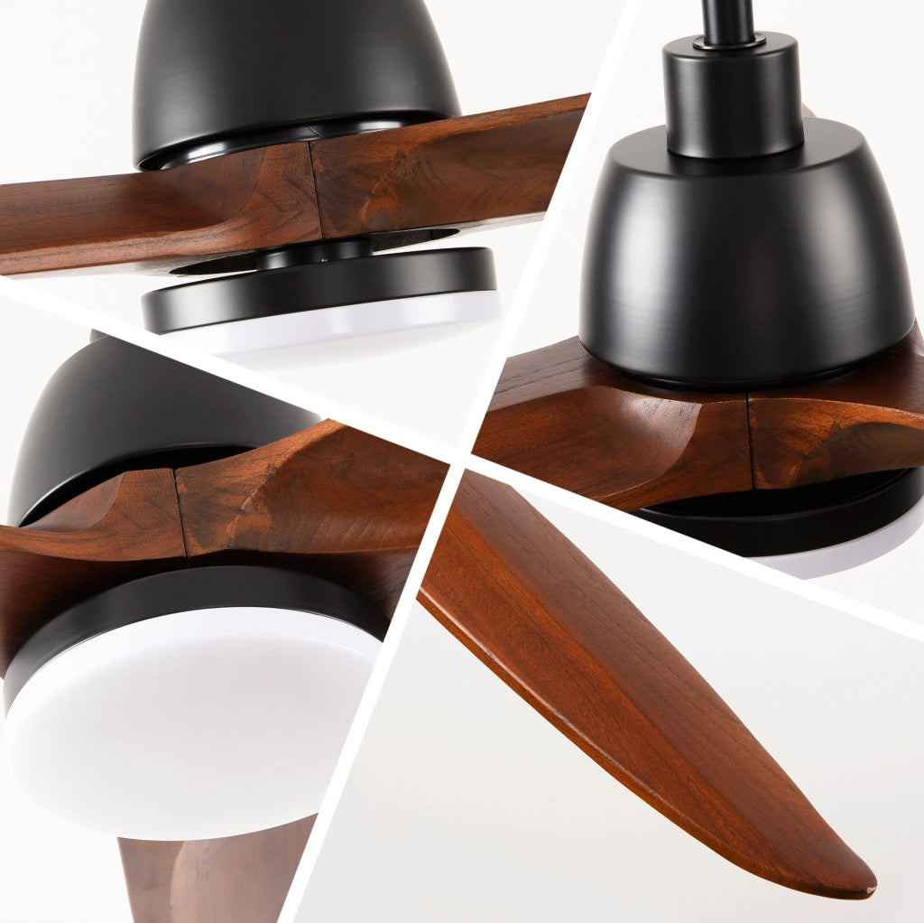 Ventilatore da soffitto 52" con luce LED, 3 pale in legno, nero e noce scuro