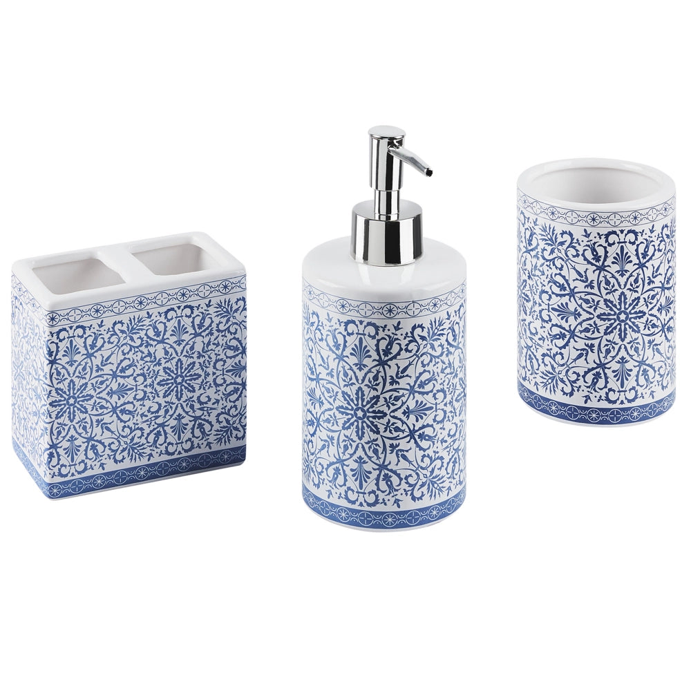 Set di 3 Accessori Bagno in Ceramica bianca e blu decorata dispenser sapone Portaspazzolino recipiente