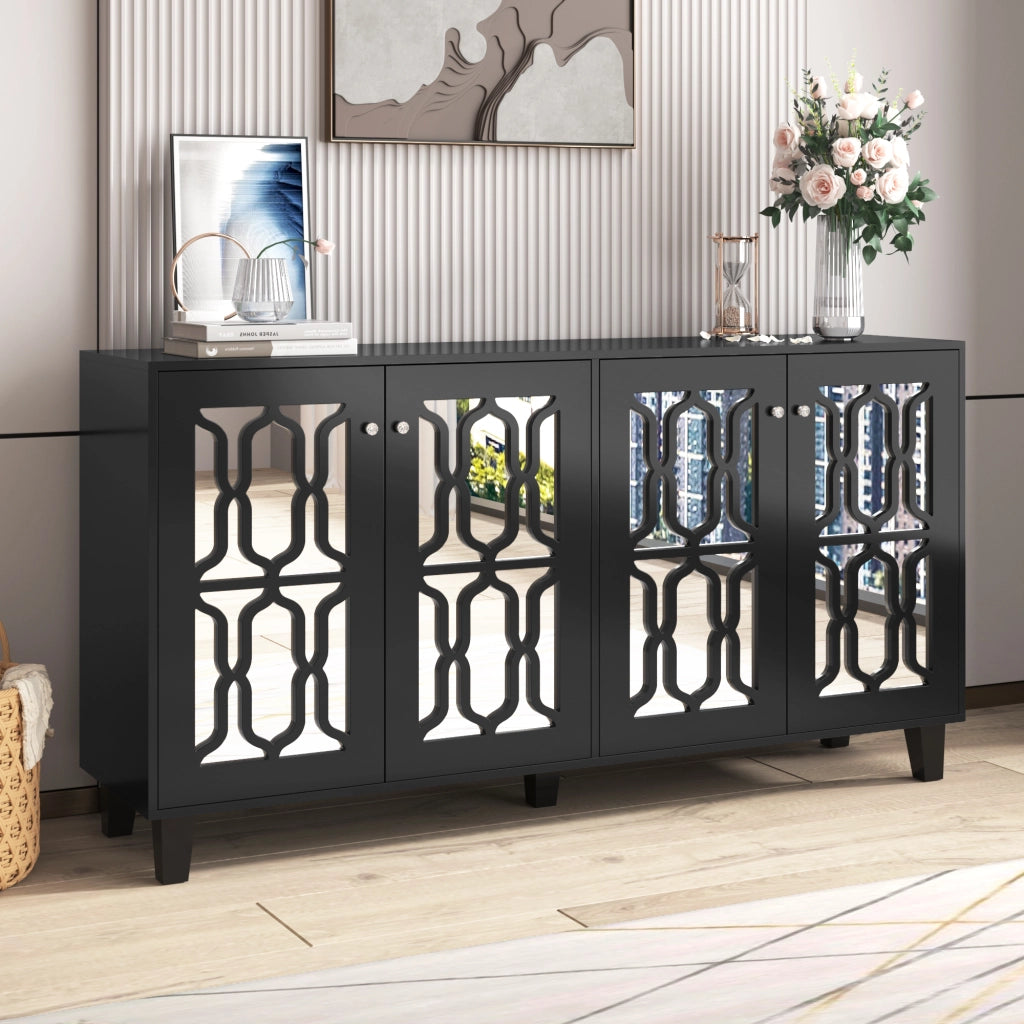 Credenza con 4 Ante e 2 Ripiani Regolabili; Frontali a Specchio; in MDF; Nero; 160??40??84 cm