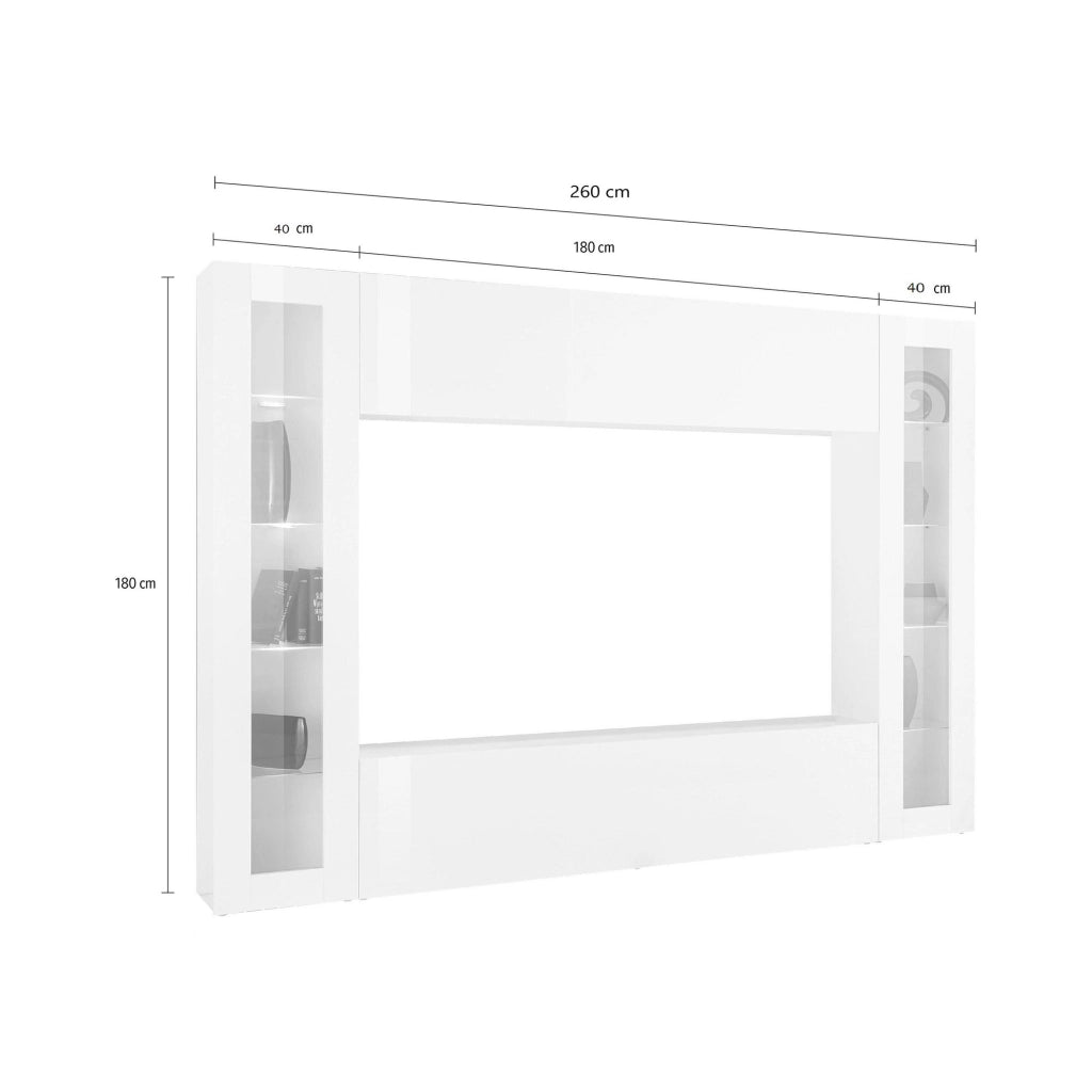 Giuliano, Parete Attrezzata 8 Ripiani Made in Italy, 30x260x180h cm Bianco Lucido