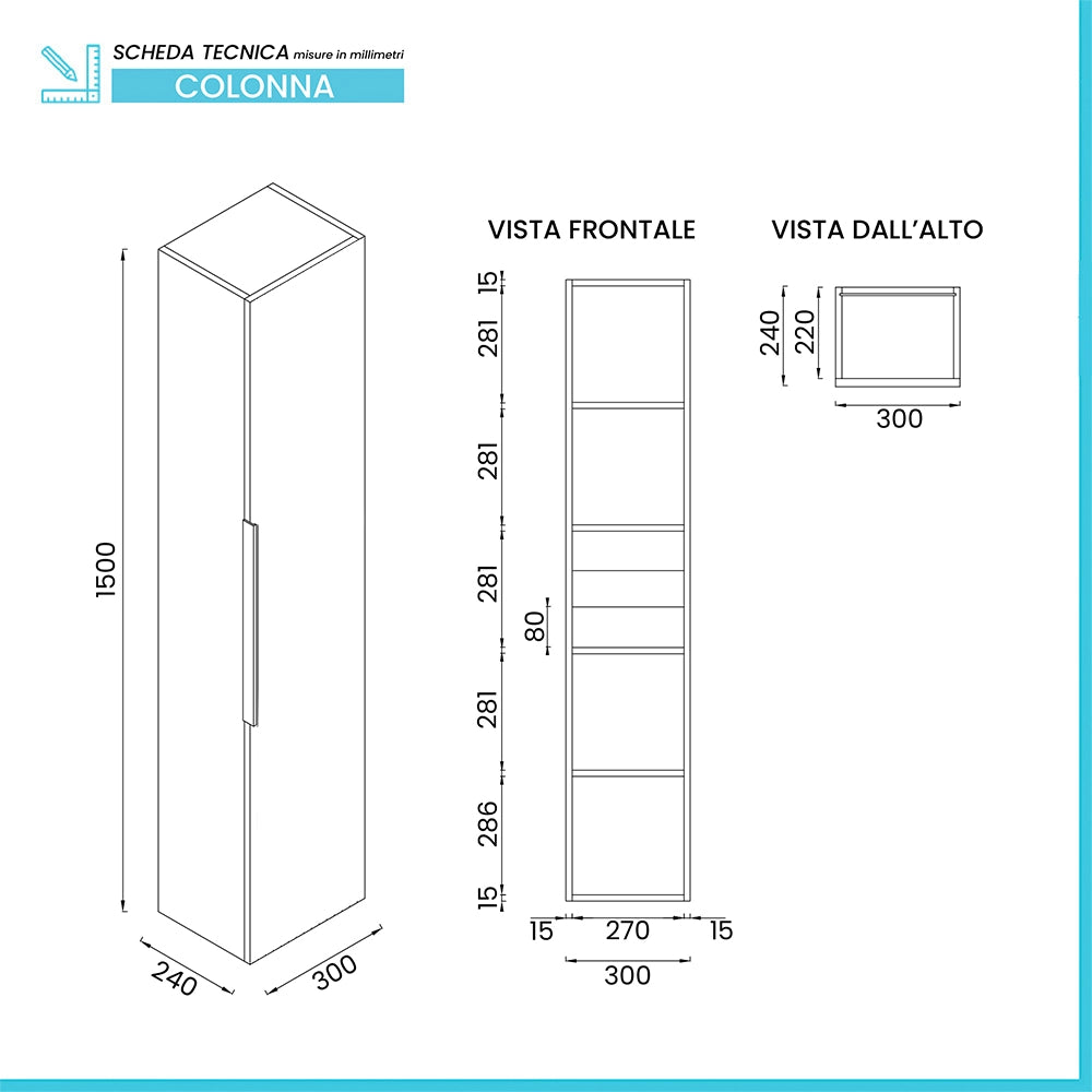 Colonna bagno sospesa 150 cm azzurro polvere con anta soft close Elva
