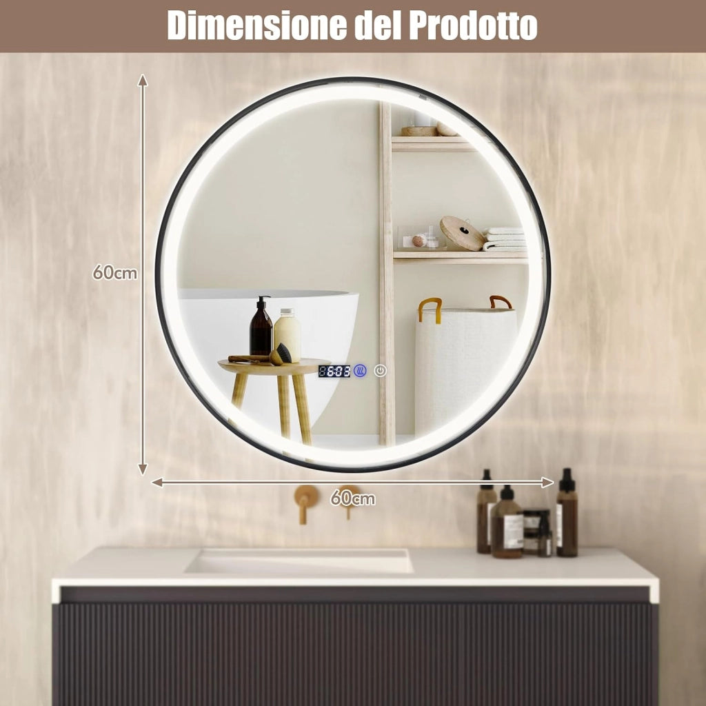 Specchio da Bagno a LED 60x60cm Rotondo, Specchio a Parete con Luce a 3 Colori, 3000-6500K, Dimmerabile, Funzione Anti-appannamento e Memoria, Lettura di Tempo e Temperatura e Antideflagrante