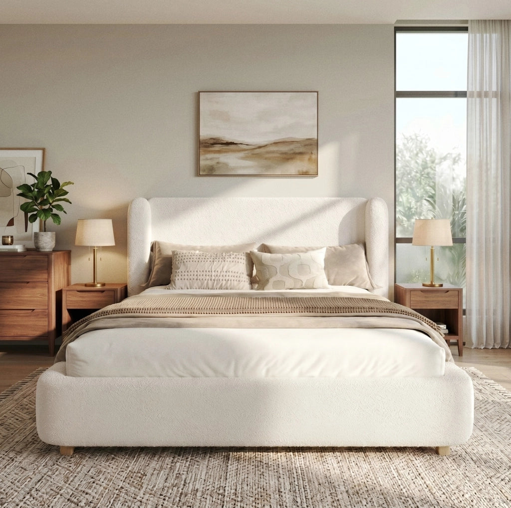 Letto imbottito beige in bouclé con rete a doghe e testiera lavabile