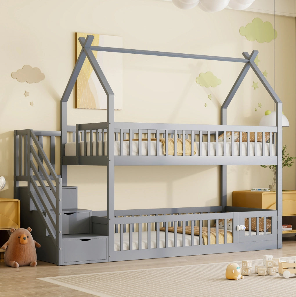 Letto a castello per bambini 90x200 cm in legno massiccio con tetto, scala con cassetti e design salvaspazio